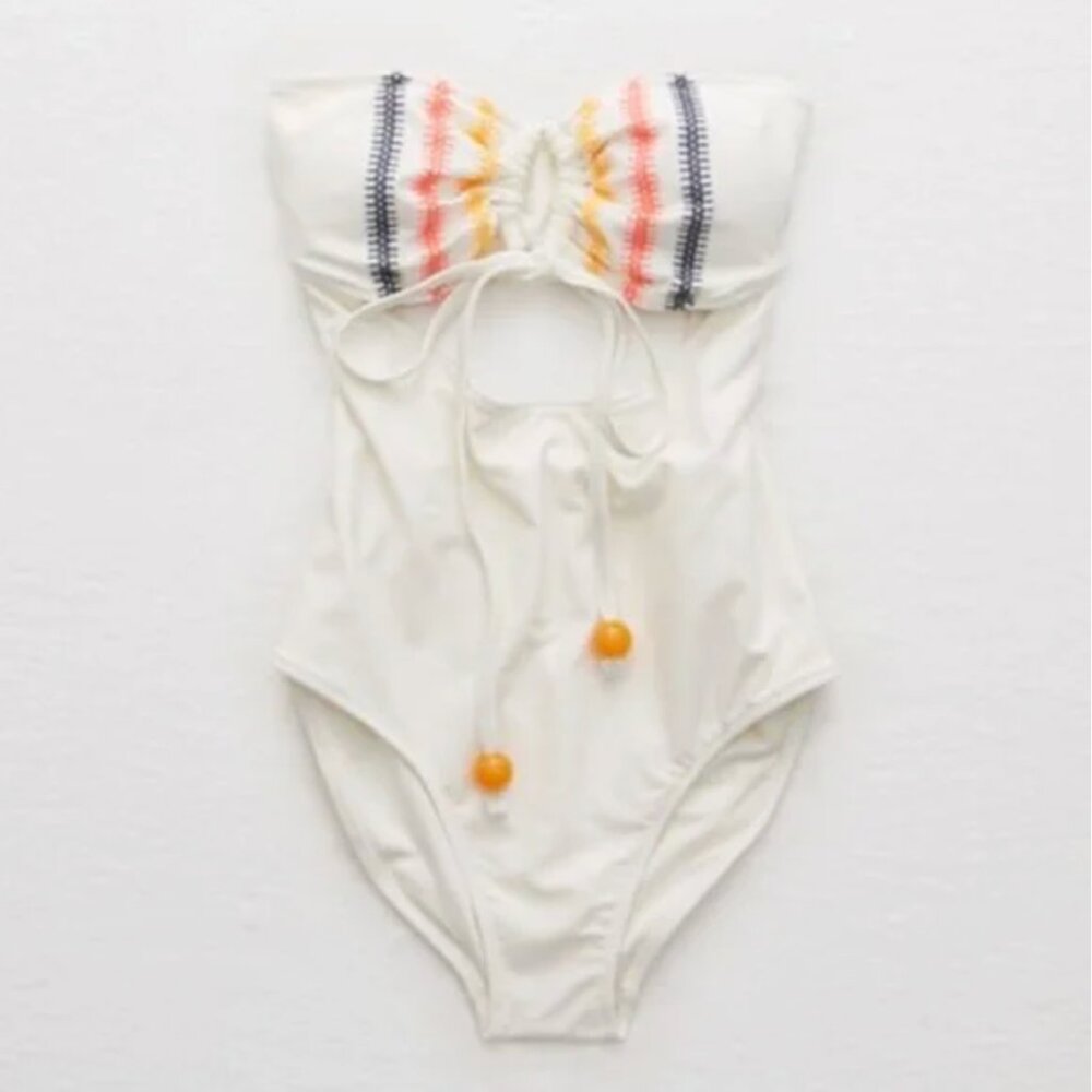 Aerie Embroidered Cutout One Piece Strapless Swimsuit
